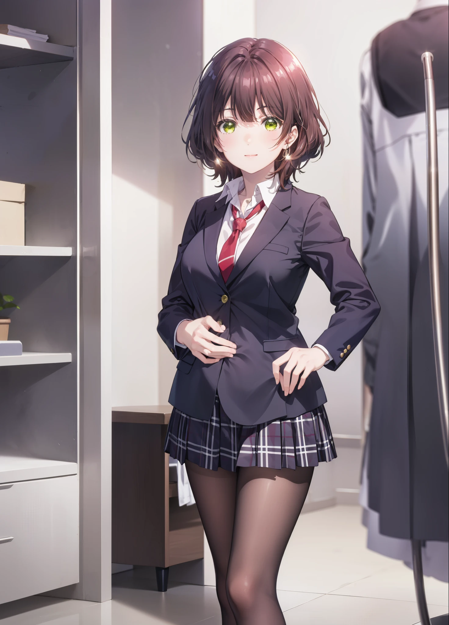 Seven days, Aoi Hinami, short hair, bangs, Brown Hair, (Green Eyes:1.5), smile,
break skirt, shirt, Long sleeve, school uniform, Jacket, white shirt, Pleated skirt, tie, collared shirt, Plaid, Plaid skirt, blazer, red tie,Black pantyhose,loafers,During pregnancy, birth, work, During pregnancyのお腹を抱きしめる,whole bodyがイラストに入るように,Are standing,
break indoors, room,
break looking at viewer,whole body,
break (masterpiece:1.2), Highest quality, High resolution, unity 8k wallpaper, (figure:0.8), (Beautiful attention to detail:1.6), Highly detailed face, Perfect lighting, Highly detailed CG, (Perfect hands, Perfect Anatomy),
