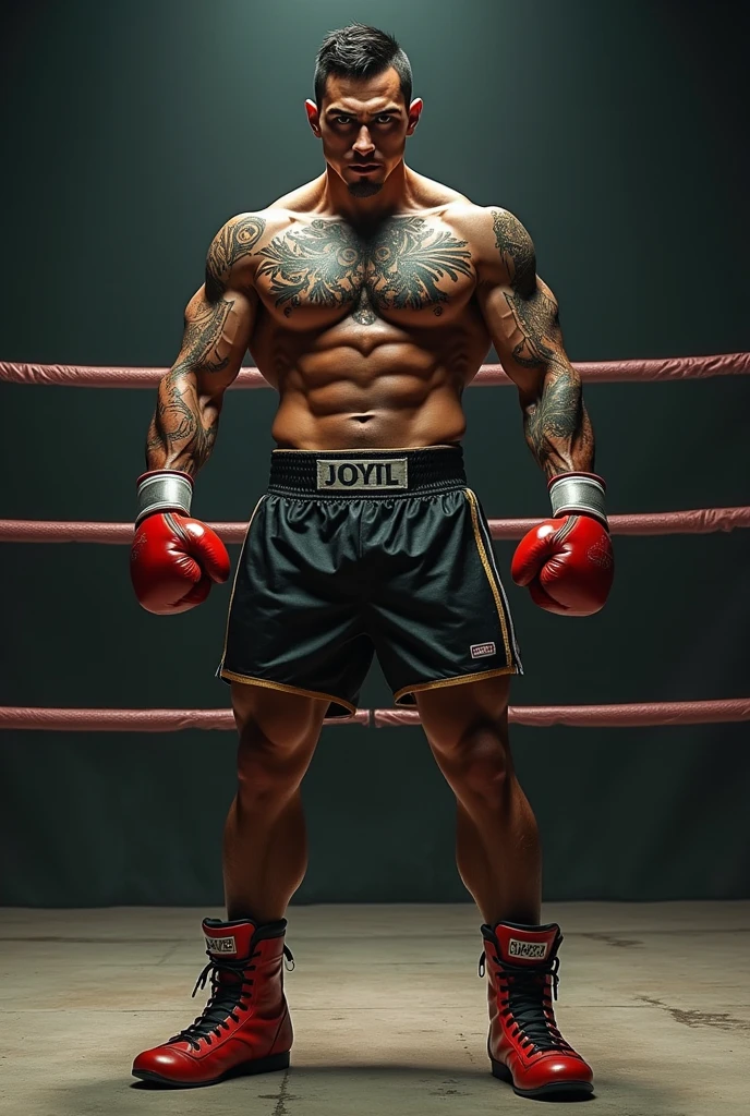 Shirtless 23 year old Angry Mexican heavily tattooed boxer with boxing gloves and boxing shorts and boots in ring
