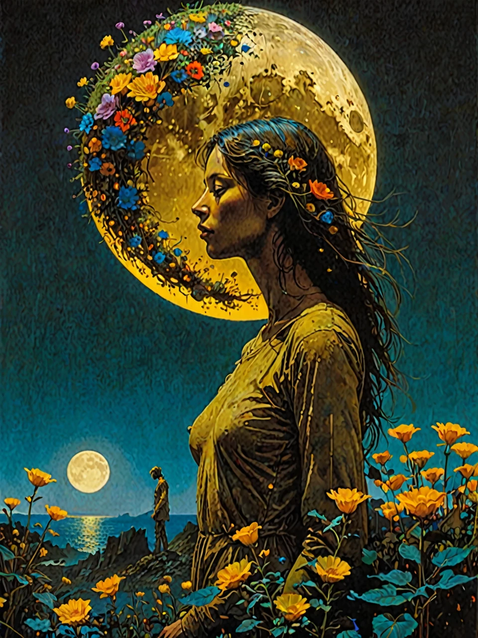 [Not really helpful as I&#39;ve manipulated this image a lot, but here you have]

Woman made of flowers and plants in front of a big golden moon at night, chart, sharp focus, Beksinski, highly aesthetic, professional illustration, cinematographic, jeff koons, asymmetric design,  Darrell K. Sweet and Mark Brooks