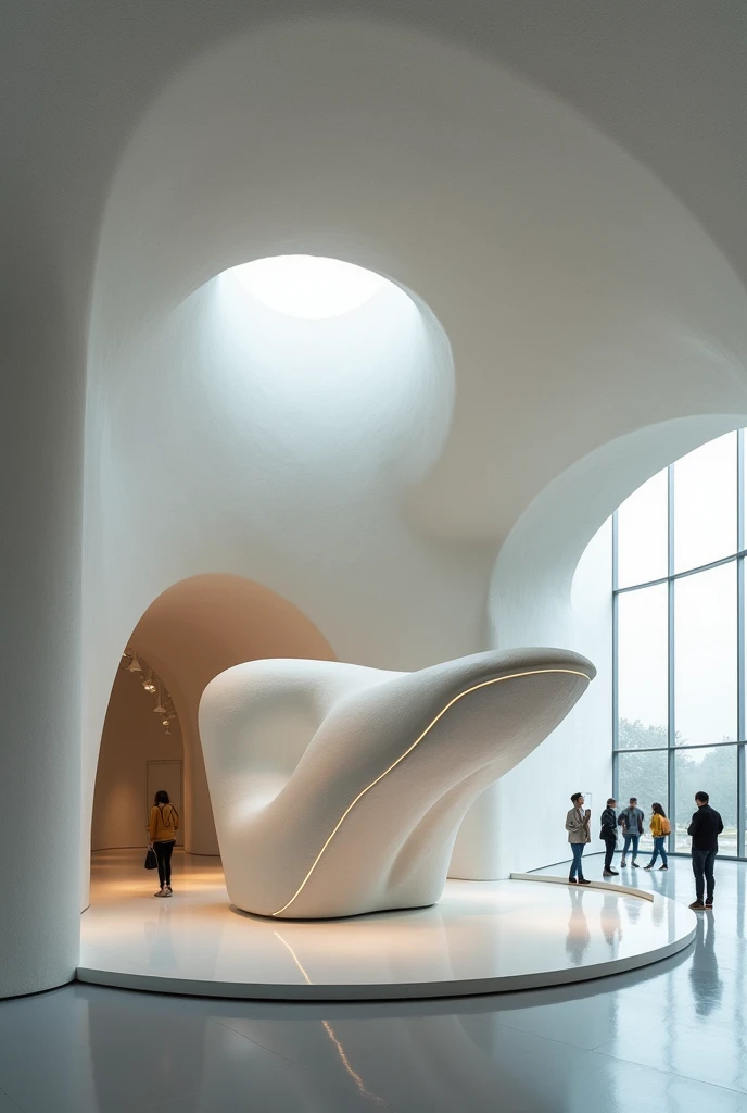 A big chair for museum inspired by a whale where people can sit or watch the chair itself
