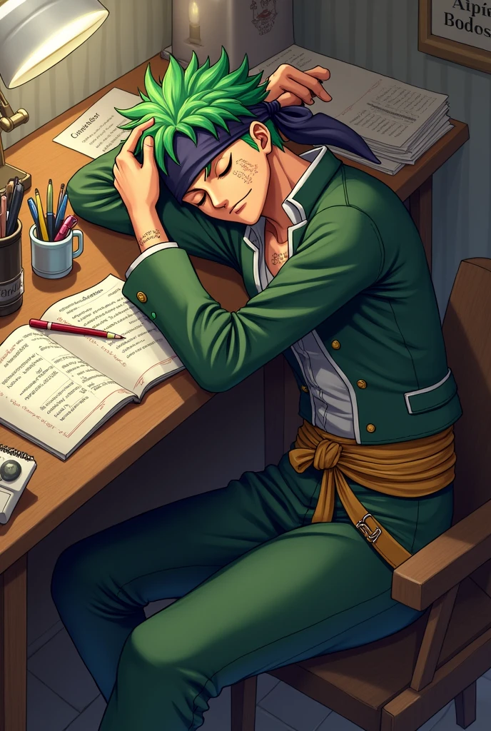 Roronoa zorro in costum sleeping on his work's table