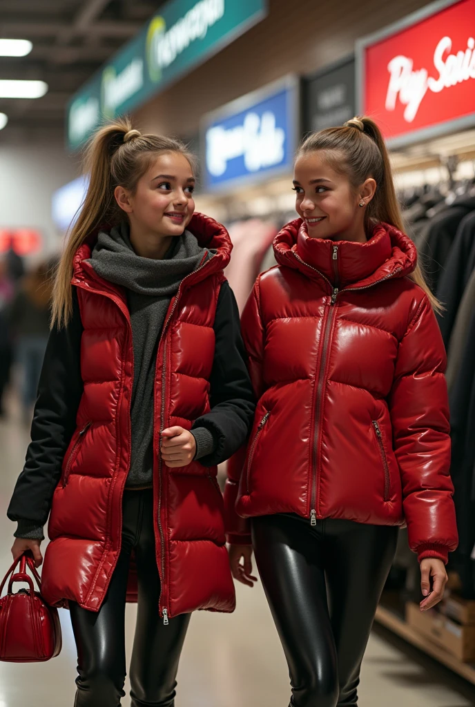  a slim ponytail  girl and her bestie walking in a pufferstore,beautiful detailed eyes,beautiful freckles,beautiful detailed lips,extremely detailed eyes and face,longeyelashes, wearing beautiful detailed full length hooded formfitting duvetica overfilled shiny super gleamy super thick glossy puffer vest covering over her  super padded  high-collared pufferjacket, shiny latex  leggings,symmetrical,masterpiece,cinematic,lifelike,hyperrealistic,8k,photorealistic,highly detailed,intricate,exquisite,elegant,beautiful,stunning