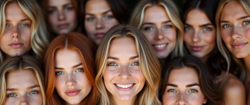 Group portrait of beautiful girls, blondes, brunettes, redheads, perfect faces, perfect eyes, crowded together