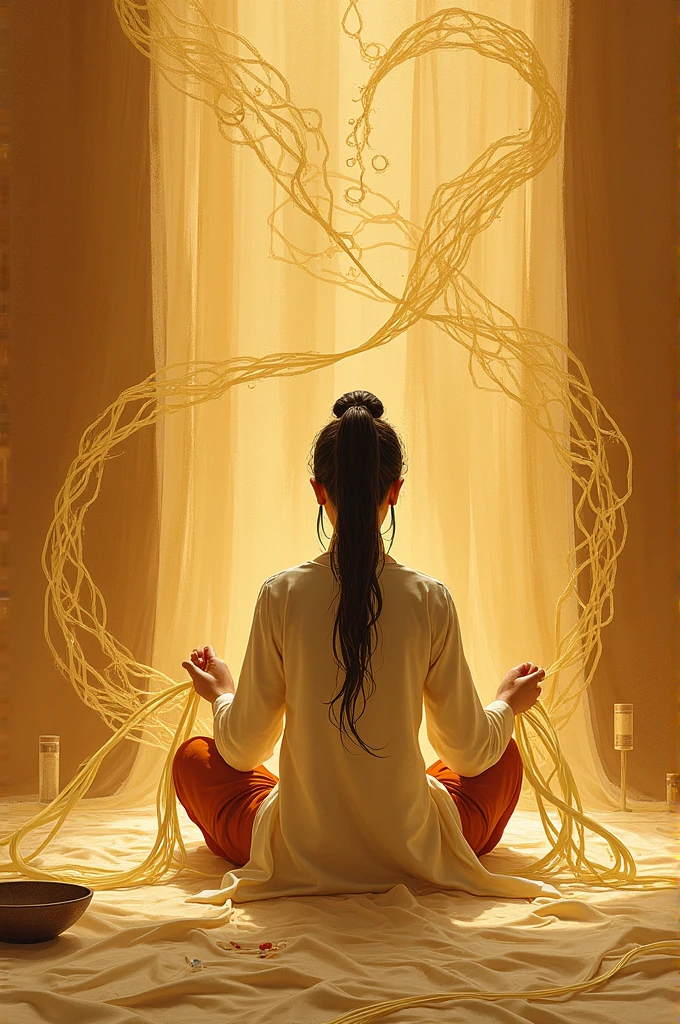 Draw a picture of a person sitting and weaving silk. Golden-brown tone