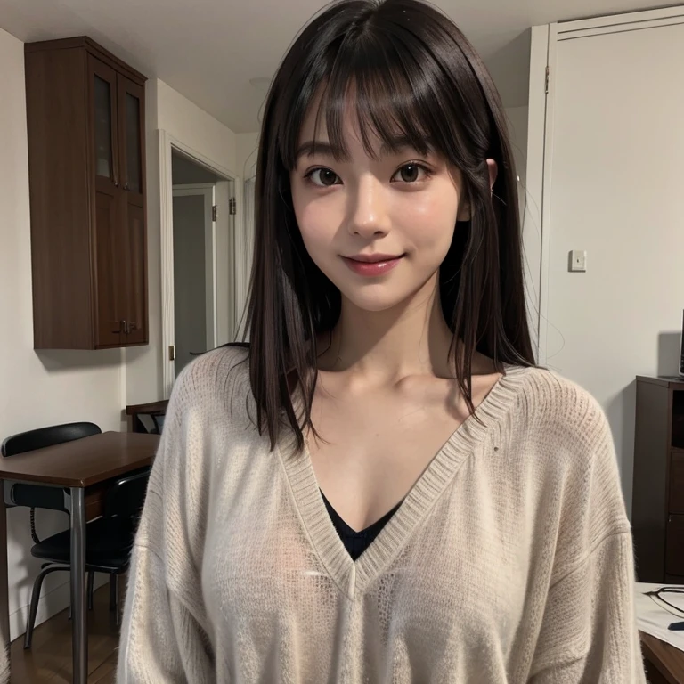 Masterpiece、8k、Very realistic、Japanese、One person、woman、Skinny athletic model body、Flat Chest、tall、Description：whole body、50 years old、(Hairstyle：Bangs(1.6))、At home, in the room、The best smile、clothing：Wearing school uniform(1.6)、