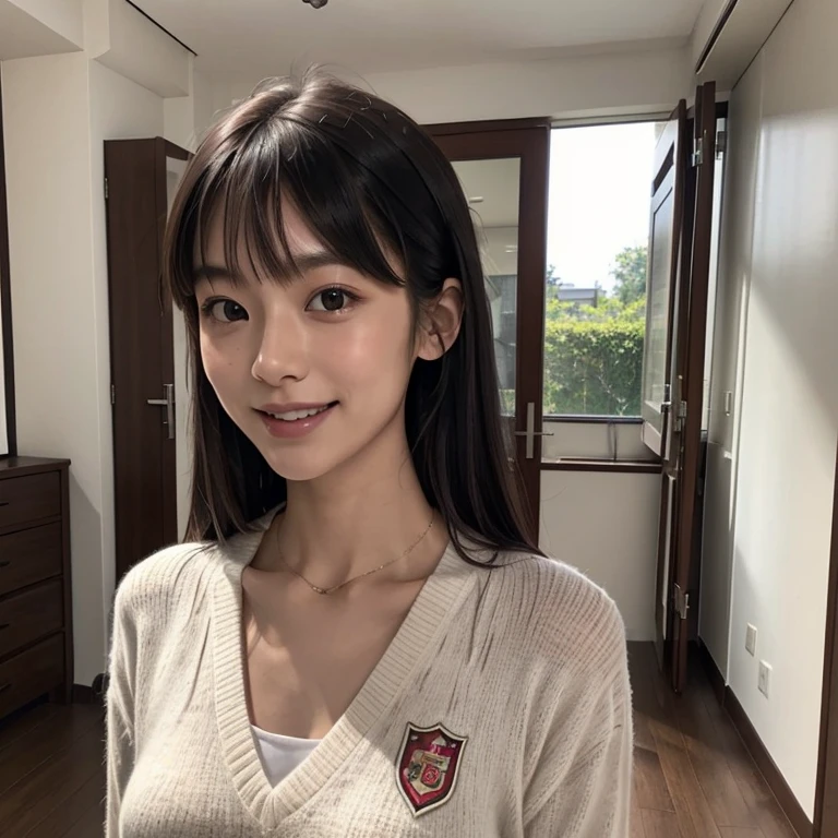 Masterpiece、8k、Very realistic、Japanese、One person、woman、Skinny athletic model body、Flat Chest、tall、Description：whole body、50 years old、(Hairstyle：Bangs(1.6))、At home, in the room、The best smile、clothing：Wearing school uniform(1.6)、