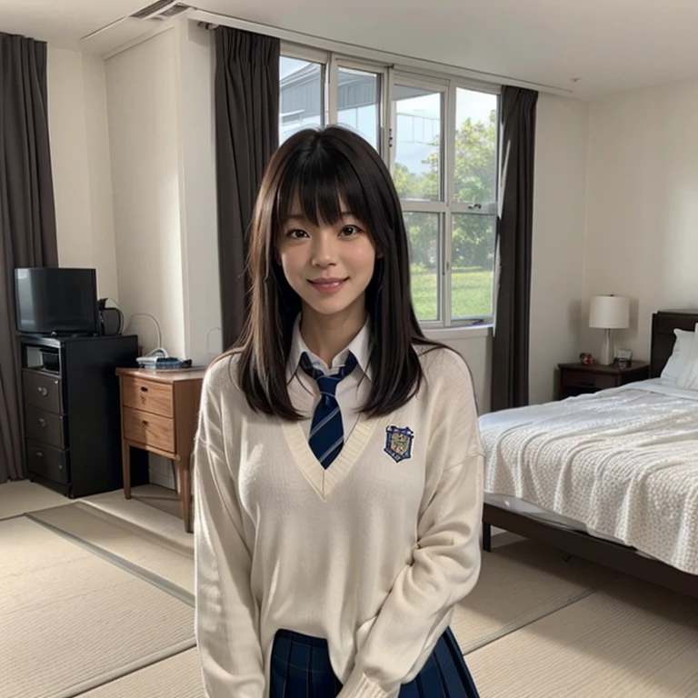 Masterpiece、8k、Very realistic、Japanese、One person、woman、Skinny athletic model body、Flat Chest、tall、Description：whole body、50 years old、(Hairstyle：Bangs(1.6))、At home, in the room、The best smile、clothing：Wearing school uniform(1.6)、