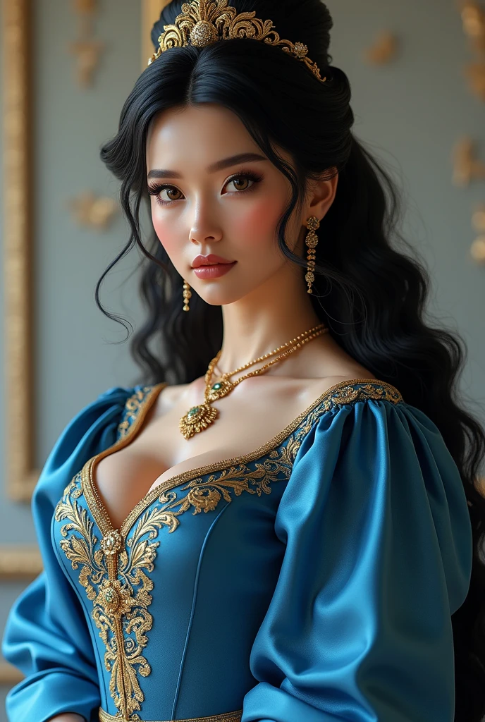 woman, black hair, elegant hairstyle, large bust, princess dress, decorated blue dress, looking at the camera, photorealistic