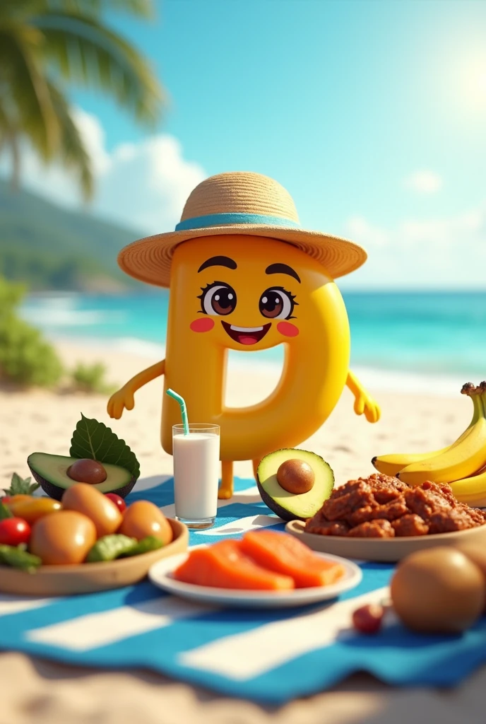 The letter D smiling, glad, with sunscreen, hat, is on a beach picnic, a blue and white towel, with a glass of milk, bananas, salmon, avocado, roasted chicken legs, potatoes, chestnuts, the bright sun with rays illuminating