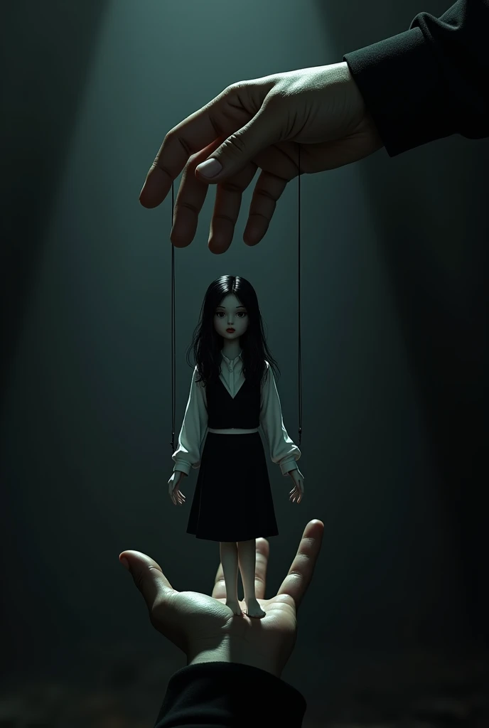 A hand controlling a puppet in a dark and shadowy place. The puppet you control should be a girl with black, wavy hair, wearing a white shirt and a black vest.
