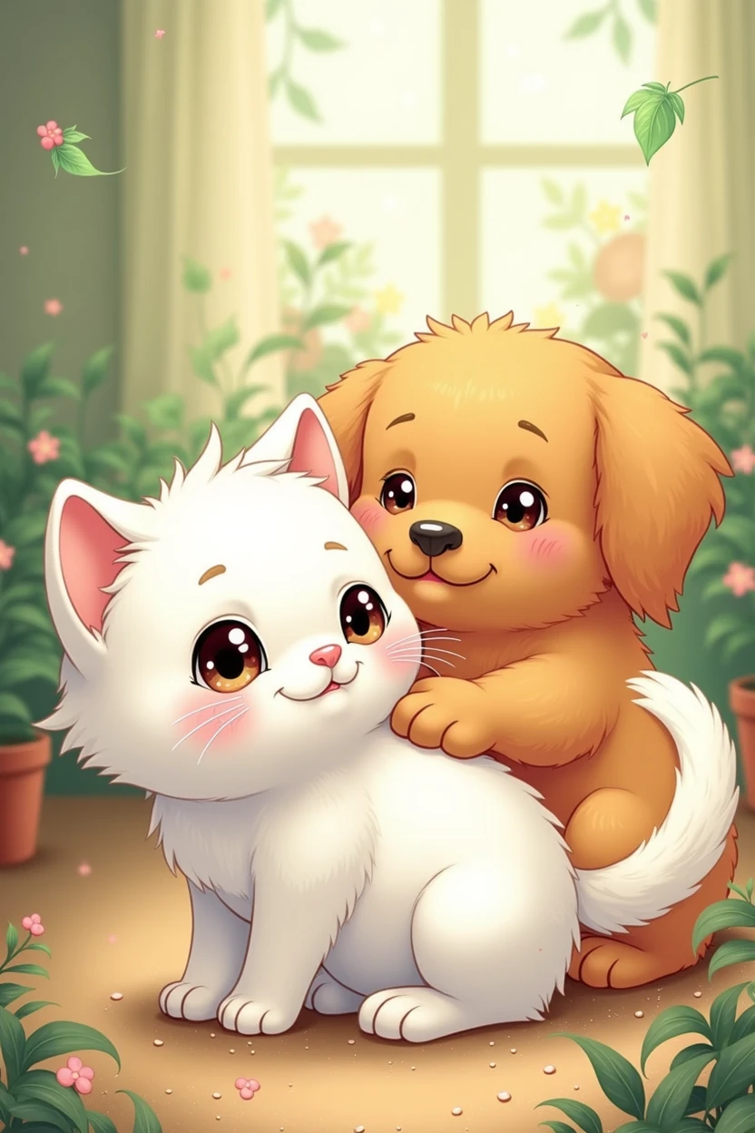 a cute cat and dog, story illustration style , Various poses and expressions, the cat is white and the dog is a Golden Retriever