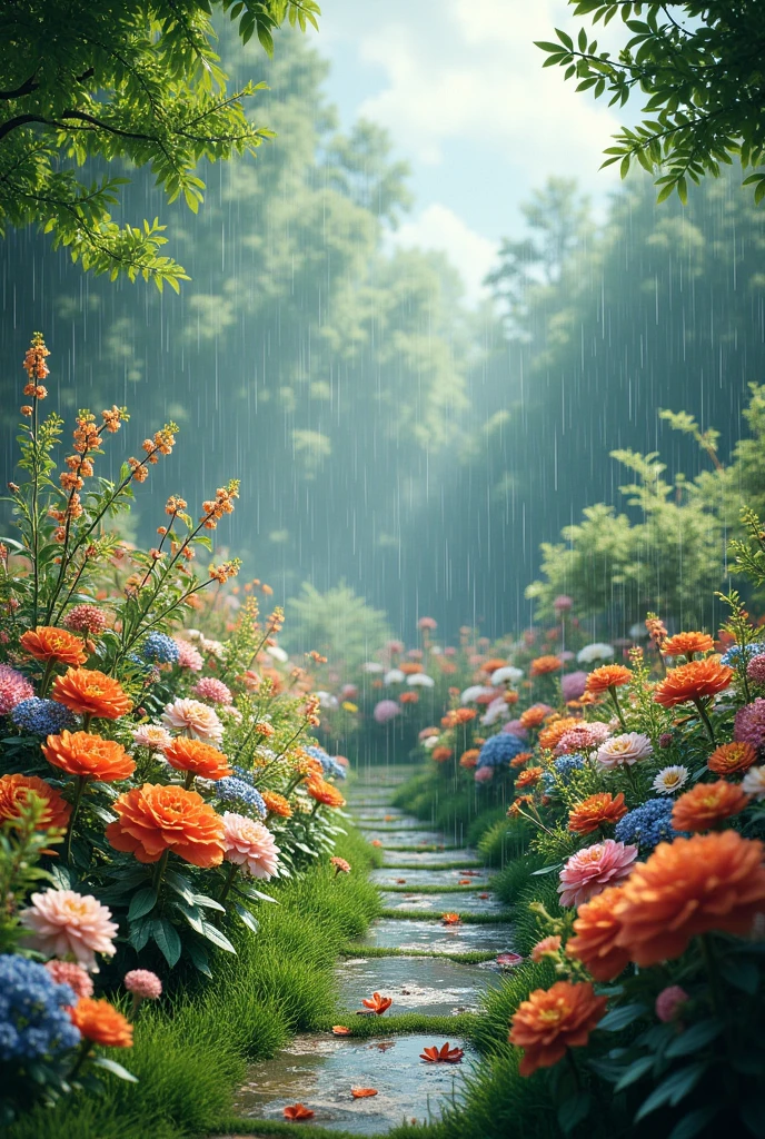A beautiful garden with many flowers where it rains realistically