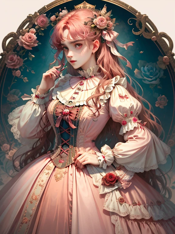 highest quality，masterpiece：1.2，Detailed details，Realistic Roman mythology 4k, Girl, dress up for halloween，Victorian gothic steampunk style, deep color, psychology, Surrealism, Sublimation, Subconscious, emotions, enthusiasm, in pink、White and red details, Rose flower background，Green hair smoke, Blue smoke background, Soft red and blue light,