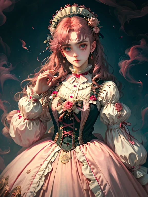 highest quality,masterpiece:1.2,Detailed details,Realistic Roman mythology 4k, Girl, dress up for halloween,Victorian gothic steampunk style, deep color, psychology, Surrealism, Sublimation, Subconscious, emotions, enthusiasm, in pink、White and red details, Rose flower background,Green hair smoke, Blue smoke background, Soft red and blue light,