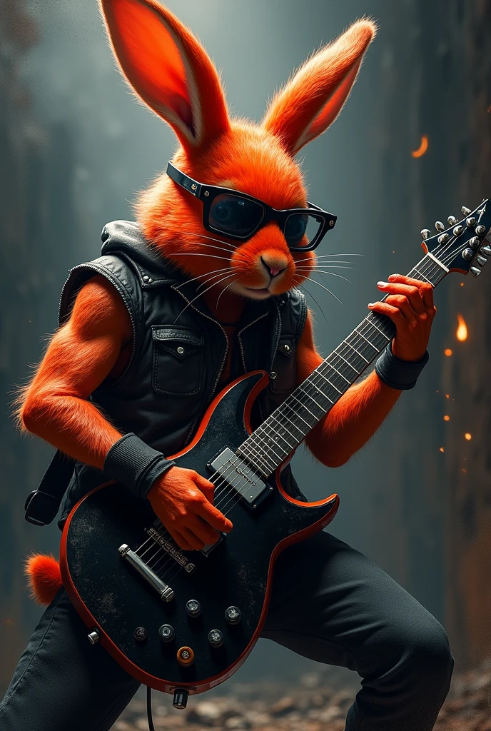 Rabbit redhead qui joue de la guitare électrique,lunette,metaleux
