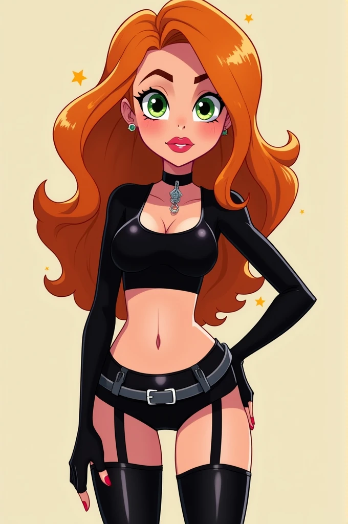 Kim possible, orange hair, Green eyes
Choker, mini thigh dress, garter belt
Standing