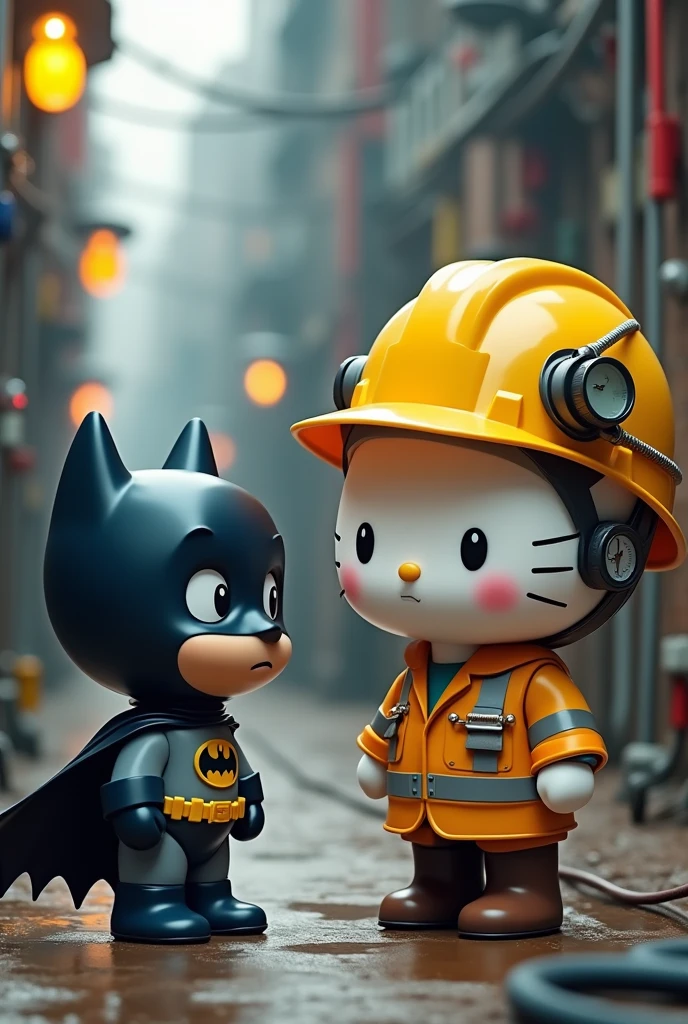 Hello Kitty has a dilemma with a short Batman.
Electrical engineers uniform
Yellow engineer hat
Wires and lamp