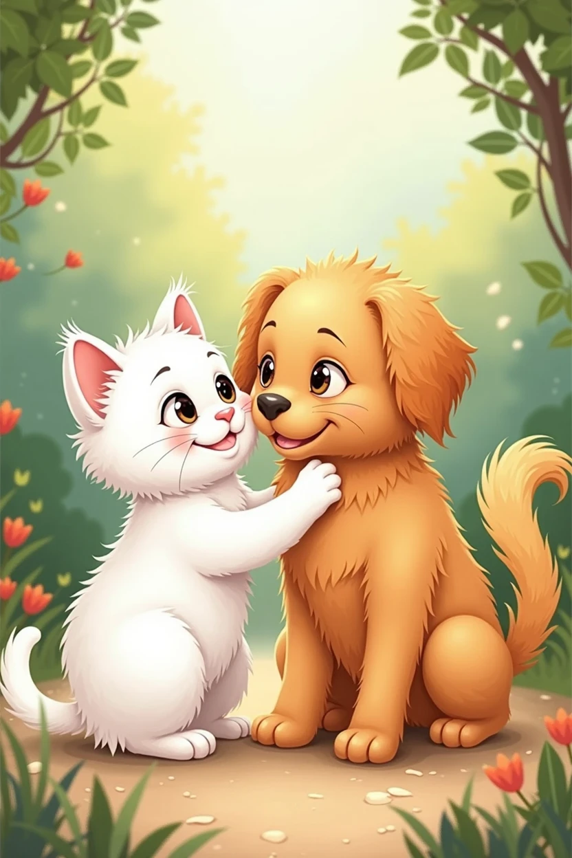 a cute cat and dog, story illustration style , Various poses and expressions, the cat is white and the dog is a Golden Retriever