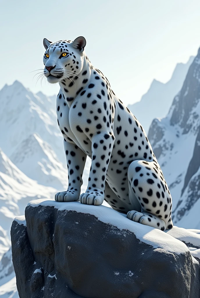 Make a beautiful white jaguar with some black dots on it..... sitting on a Black stone on a snowy mountain place