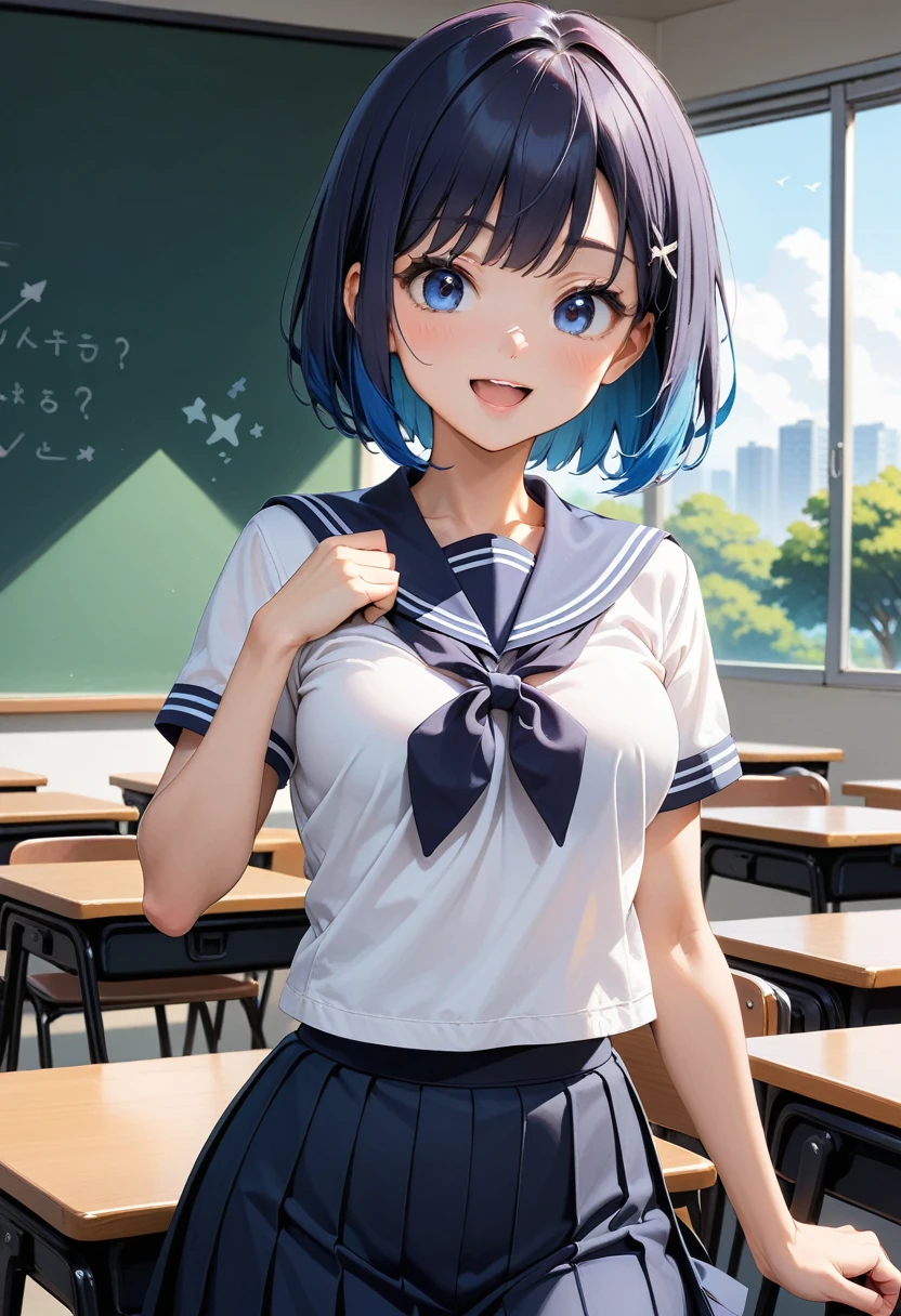 (masterpiece, best quality:1.2), 1girl, solo,(JK, , Sailor suit, Pleated skirt, Striped pants)
, catria,kawaii,(mature_female:1.5),(navyblue Hair:1.5),Short Hair,Bob,blue eyes,Thin Waist,Small,Toned,small breasts,short stature,classroom,(animated:1.5),(:D:1.5)