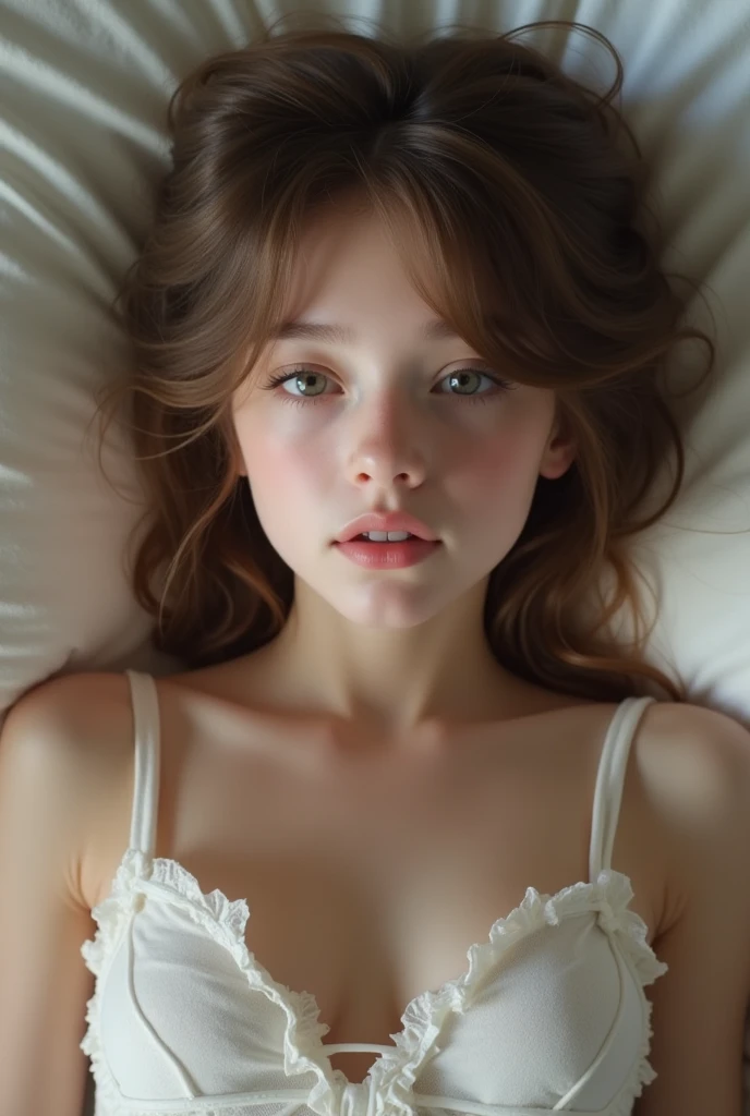 Cute 12 year old girl, slender youthful woman, slim body, laying in bed, slim body, thin, sexy, photorealistic, extremely detailed, high quality 8K,  beautiful detailed eyes, beautiful detailed lips, without clothes big boobs 