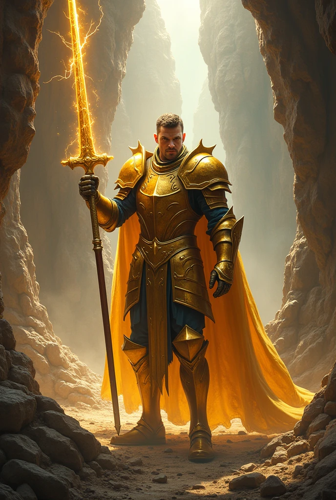 ((Best Quality)), ((masterpiece)), (detailed) A knight in golden armor, in a battle pose, wielding a lightning-infused lance, inside a cave., Battle armor, There will be blue in a destroyed kingdom