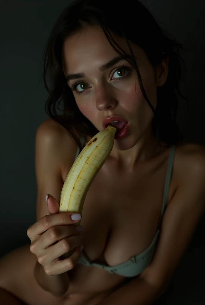 naked girl, perfect body, highly detailed and perfect face, eating a banana