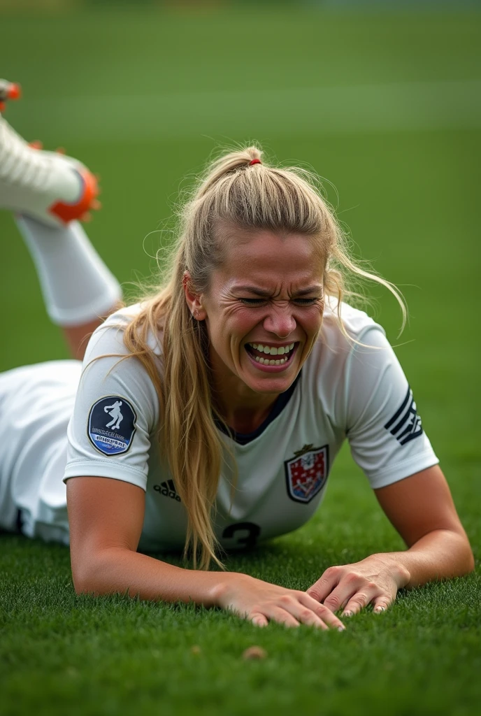 Female soccer player in 8k, ultra realistic on natural grass grimaces foul, lying on grass full body in adidas uniform shorts white adidas brand, adidas shoes white socks with shinguards, long hair blonde