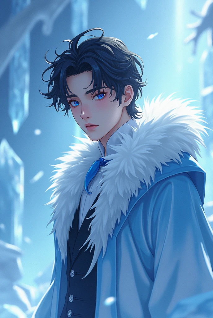 Anime Guy, curly hair, slightly brown skin, ice king light blue theme.