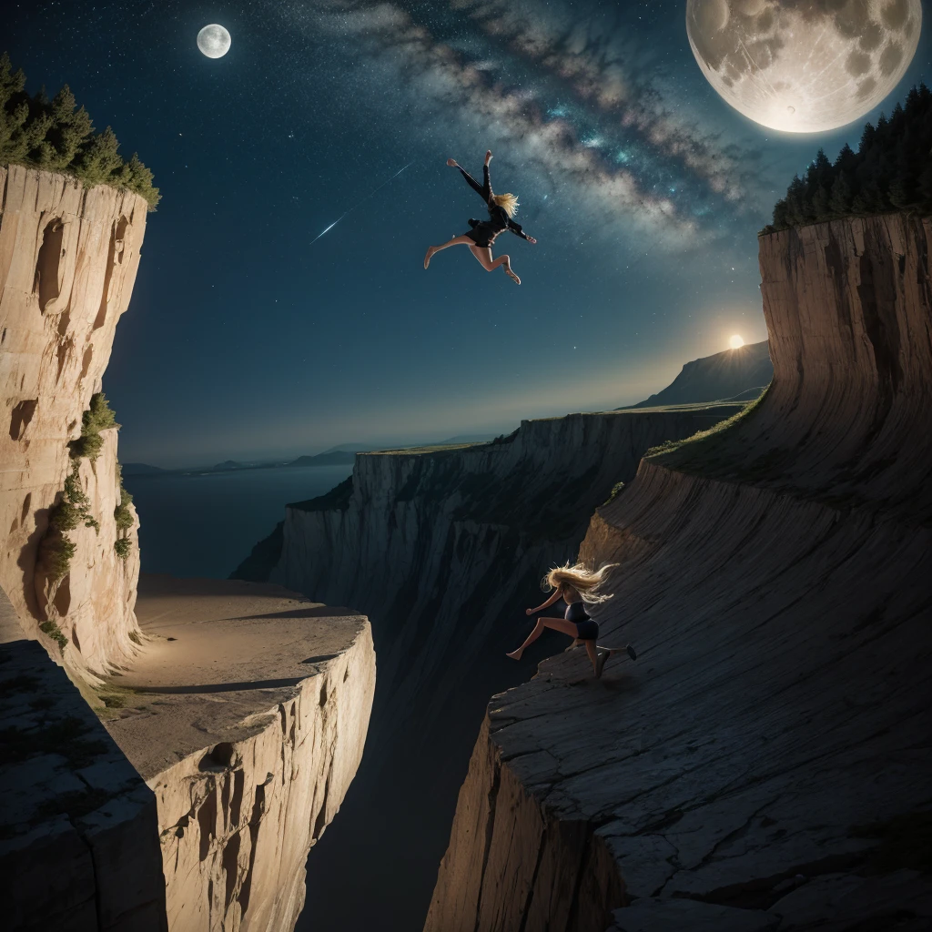 A blonde woman alone jumping off a cliff at night, with the moon in the background 