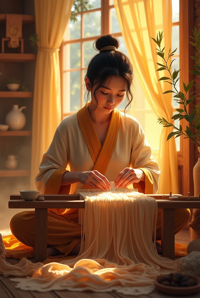 Draw a picture of a person sitting and weaving silk. Golden-brown tone