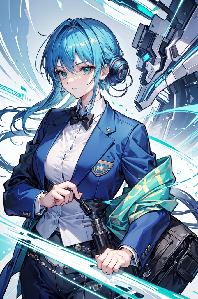 Highest quality, 16K, masterpiece :1.3 Ultra-high resolution No abnormalities in the details Detailed face Gender is male cool Wearing a suit Blue Hair Green Eyes Looking at me Calm and cool atmosphere The whole body is visible Occupation is a police officer Smiling Wearing large earrings on her ears manly beautiful Tight eyes