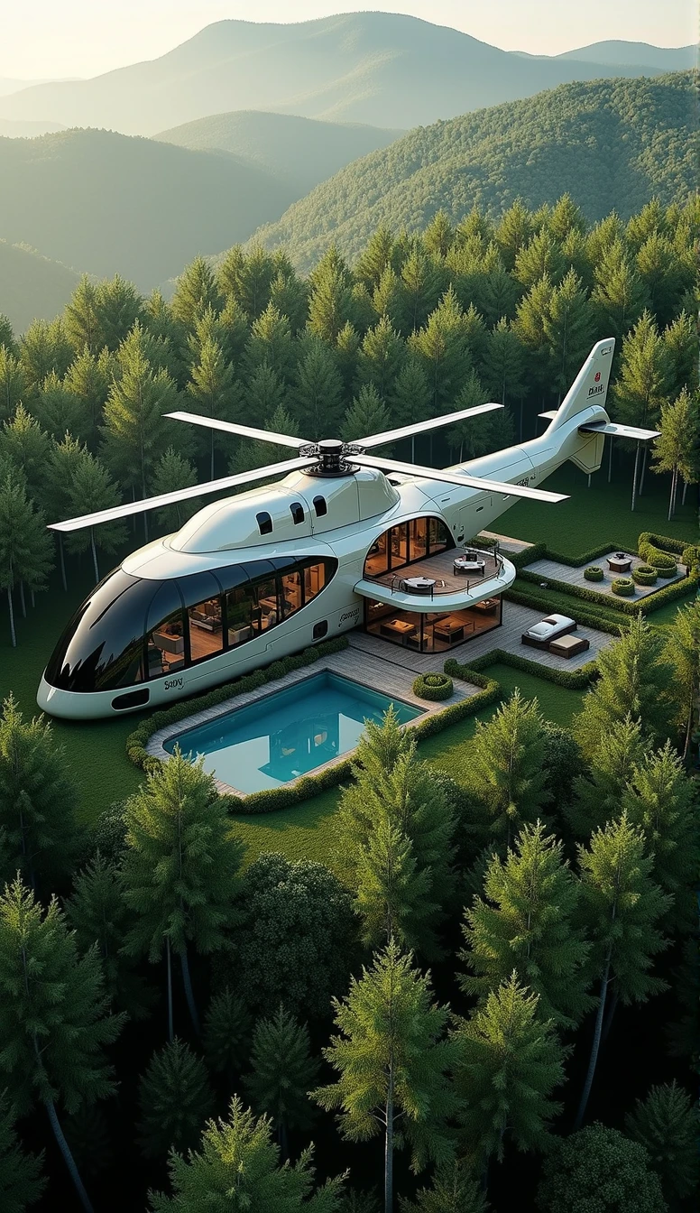 "Create a cinematic 4K image, DSLR Canon style, of a mansion shaped like a helicopter, located in the middle of a stunning forest. The mansion should be designed in the form of a helicopter, with architectural and decorative details that reflect the design of a helicopter while maintaining the look of a luxurious mansion. Show the mansion surrounded by lush trees, with a vibrant forest landscape all around. Include details such as windows and outdoor areas that highlight the mansion’s integration with the natural environment."