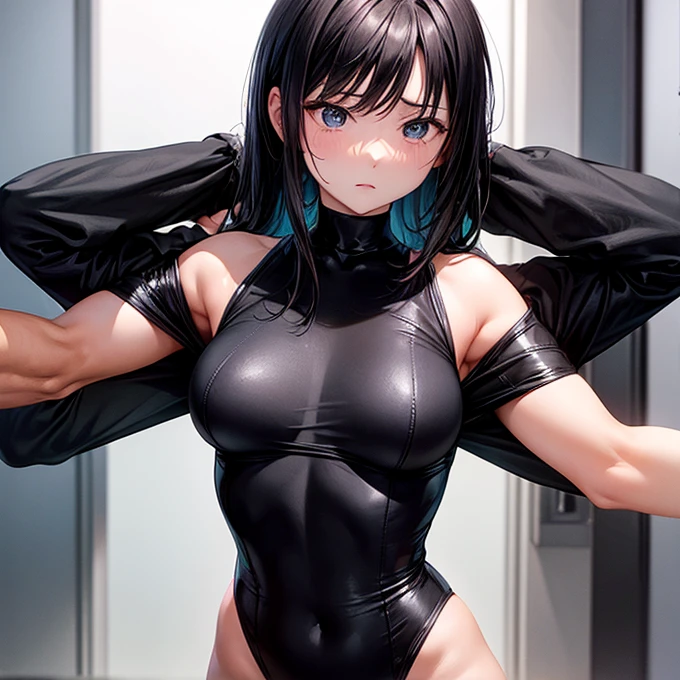 Wearing a tight fitting black bodysuit、A woman applying a chokehold to another woman
