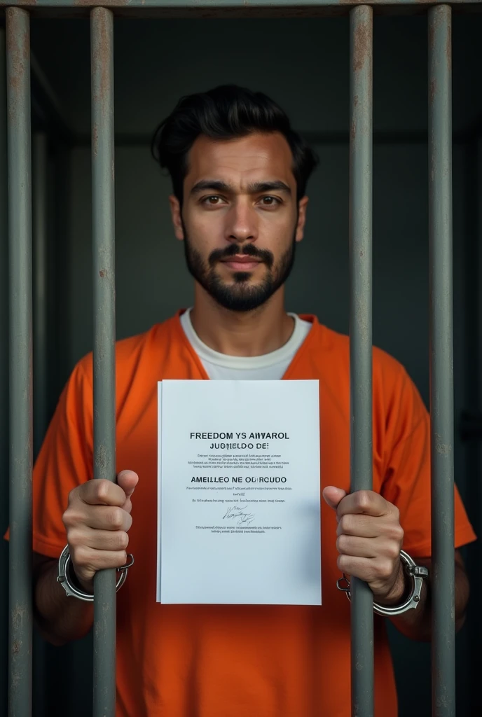 Horizontal image of a prisoner behind bars handcuffed with a white sheet in hand that says "freedom by amparo judgment" in Spanish language dressed in orange 