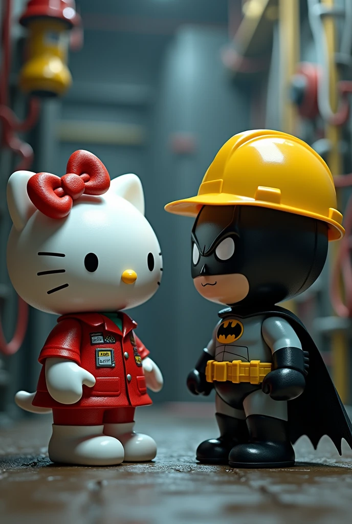 Hello Kitty has a dilemma with a short Batman.
Electrical engineers uniform
Yellow engineer hat
Wires and lamp