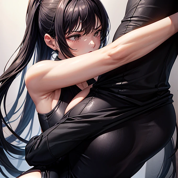 Wearing a tight fitting black bodysuit、A woman applying a chokehold to another woman