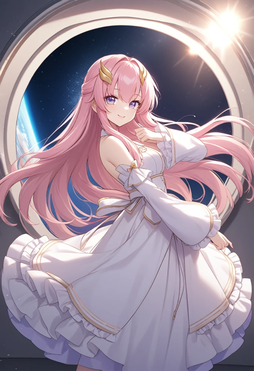 score_9, score_8_up, score_7_up, source_anime, lacusclyne, lacus clyne, purple eyes, hair ornament, long hair, wave hair ornament, pink hair, smile, dress, long dress, long sleeves, white sleeves, frills frilled skirt, frilled sleeves, detached sleeves, bare shoulders, outdoors, space, earth horizon, sun, mars, spaceship window, looking at viewer, cowboy shot, dynamic pose