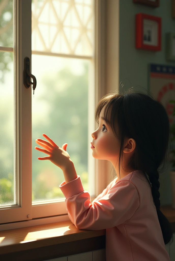A girl touches her hand and looks at the window