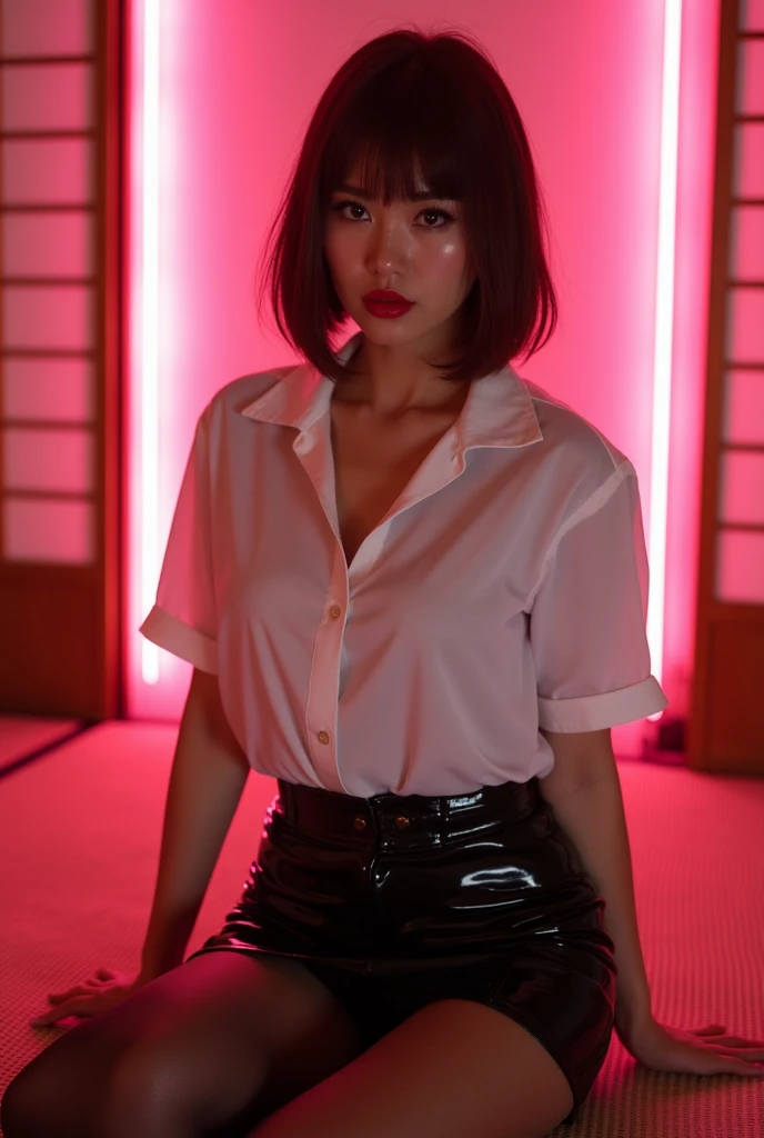 ((Japanese sexy idol))　Mature Woman　((Plump, bright red lips with lipstick))　Big Breasts　Plump　Chubby round face　Plump figure　((Short brown hair with bangs))　((Looking into the camera))　Sit with your legs apart　((White button-up shirt with black patent leather tight skirt and black stockings))　Sweaty skin　　布団の上にSit with your legs apart　look down　((A bedroom with shoji and tatami mats lit up in pink neon lights))　