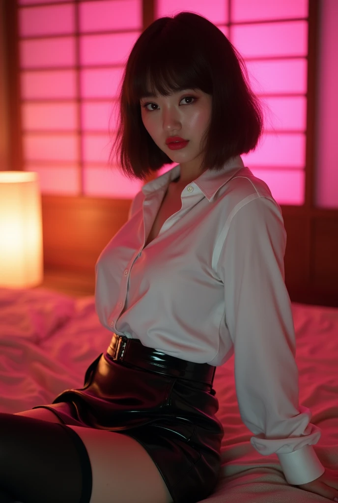 ((Japanese sexy idol)) Mature Woman ((Plump, bright red lips with lipstick)) Big Breasts Plump Chubby round face Plump figure ((Short brown hair with bangs)) ((Looking into the camera)) Sit with your legs apart ((White button-up shirt with black patent leather tight skirt and black stockings)) Sweaty skin 布団の上にSit with your legs apart look down ((A bedroom with shoji and tatami mats lit up in pink neon lights))