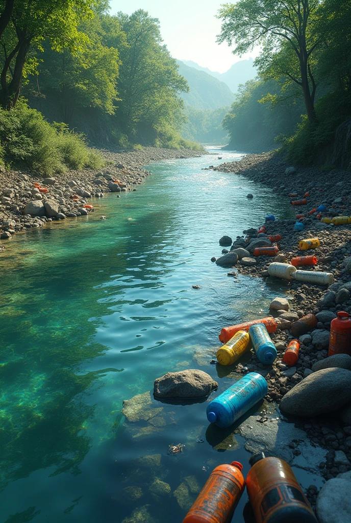 One half of the image shows the clean river and the other half shows the river polluted with garbage.