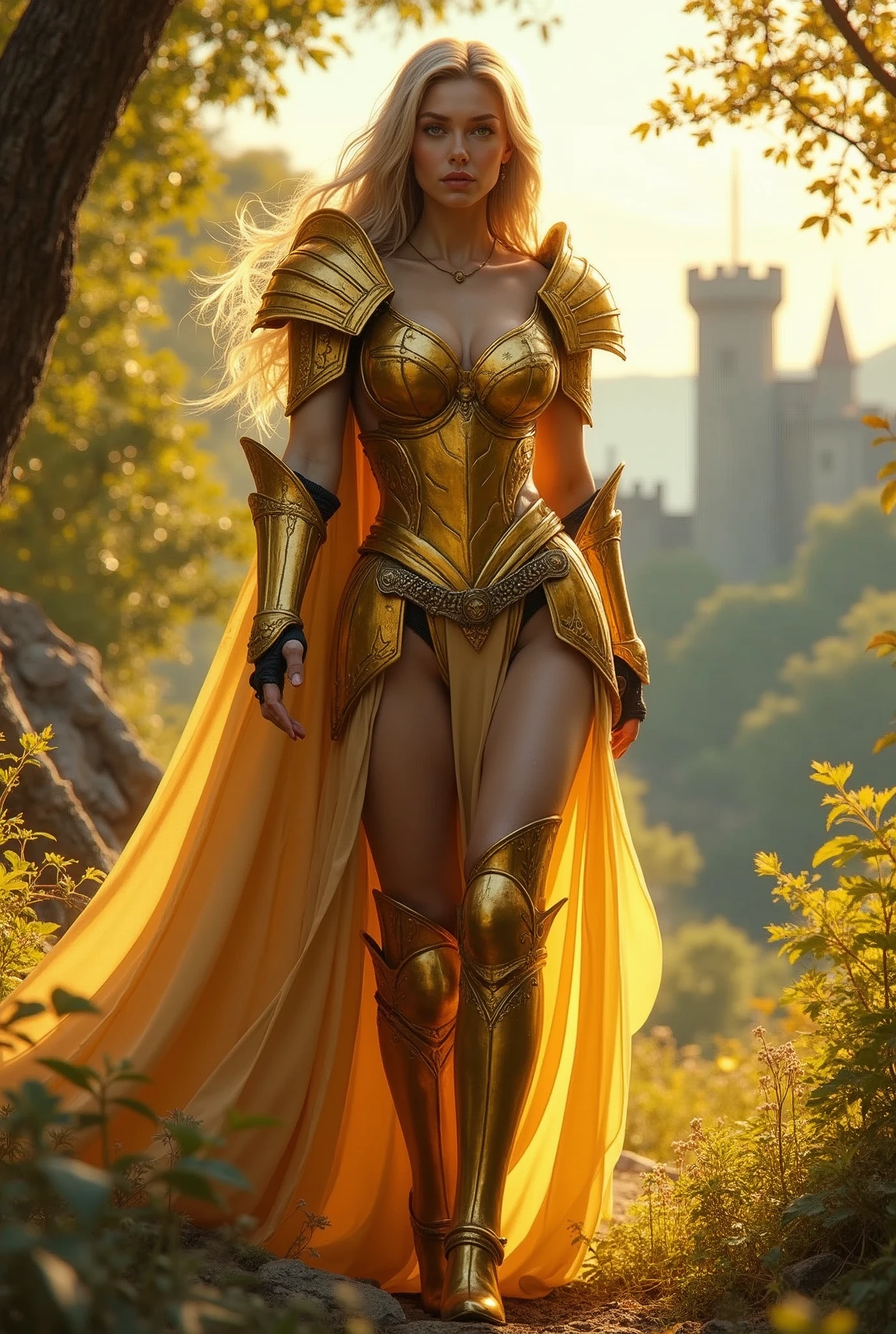 Browsing Caution, 8k, RAW Photos, high quality, Attention to detail, Ultra-high resolution, (Realistic: 1.4), masterpiece, (amazing proportions: 1.6), (10 heads: 1.3), Long legs, Beautiful feet, Tall, Supermodel, Amazingly beautiful and divine medieval Europe々Shishi Female Knight, Exquisite detailing、Dressed in glorious golden armor, With a shining sword. She is lush, A vibrant forest with a castle in the distance. A scene full of vibrant colours, wood々Sunlight shining through, Shine with gold. The knight has long flowing hair and a confident look., Calm expression.", (Very revealing armor: 1.4), Exposed skin, Beautiful Skin, (pubic hair: 1.4), (Big Breasts: 1.2), Cleavage, Beautiful breasts, Long legs, Beautiful feet,