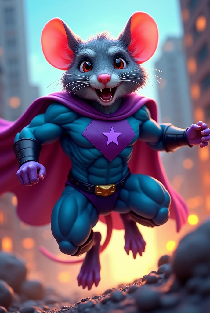 Make a rat with muscles wearing a purple star-shaped badge and a blue and purple superhero suit with black accents.