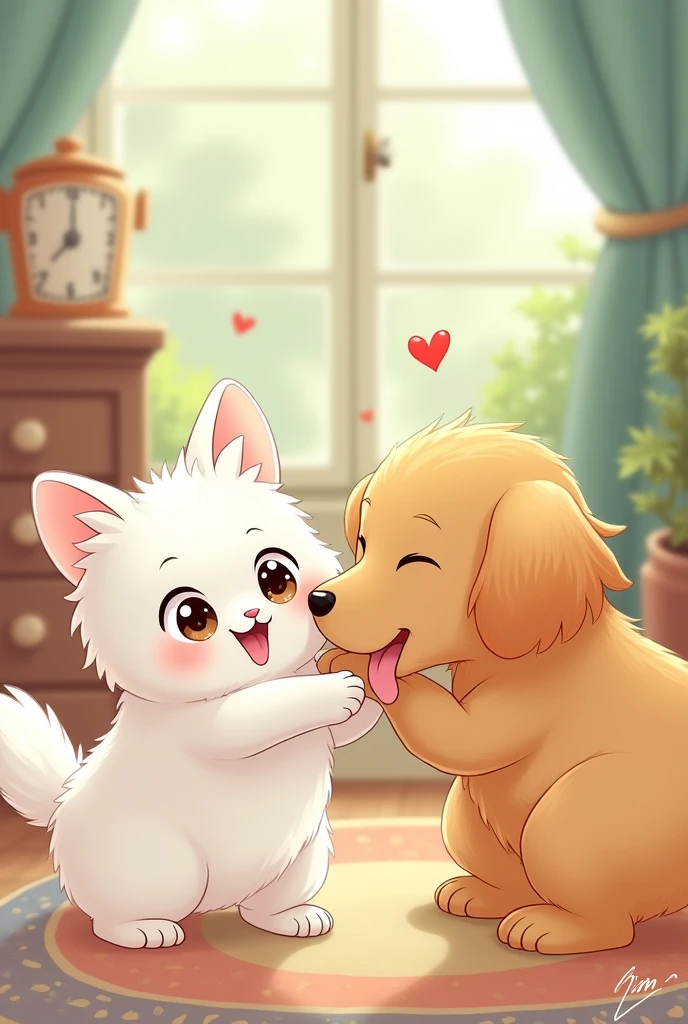 a cute cat and dog fighting, story illustration style , Various poses and expressions, the cat is white and the dog is a Golden Retriever