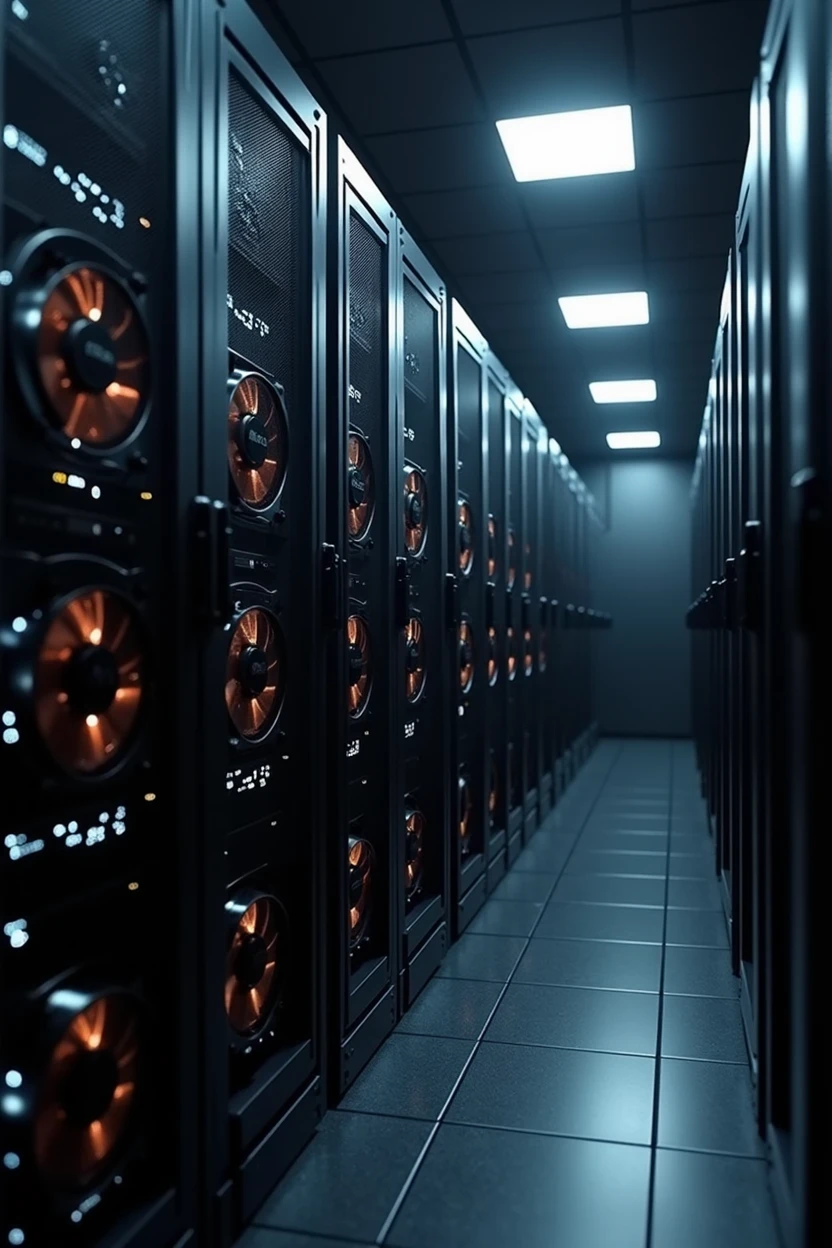 Ridiculous resolution, high resolution, (Masterpiece artwork: 1.4), Ultra Detail, 8k, dark lighting, Black room, Ultra realistic details without letters, Numbers, Palavras, Brand marks or logos on components, Datacenter with 45 video cards equal to RTX 4090 with 3 fans on each card.