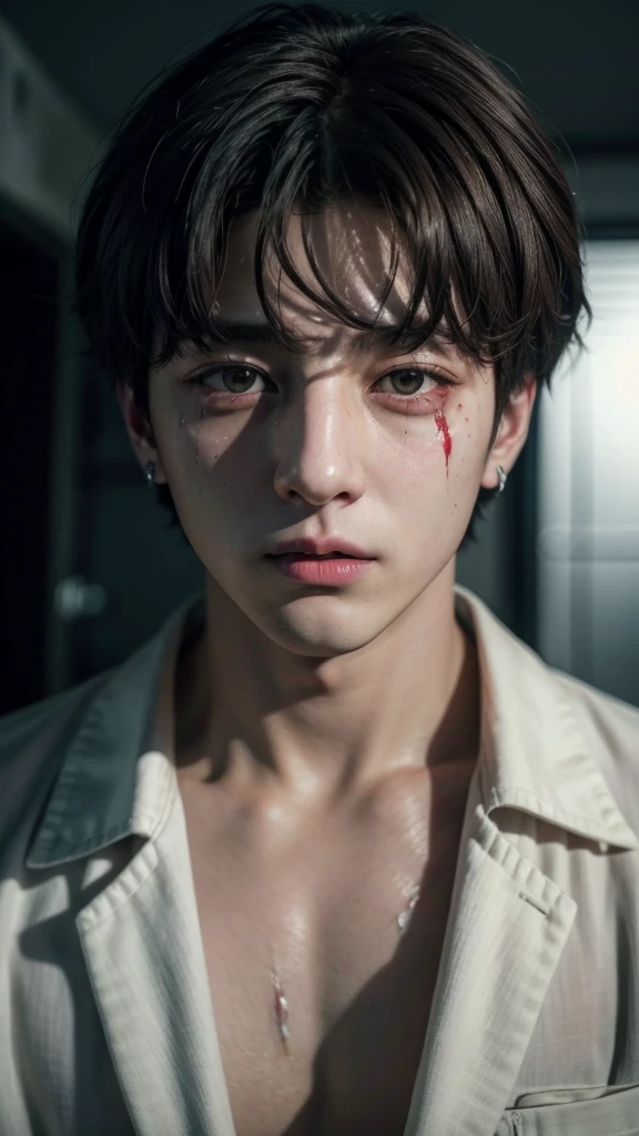 Jungkook's face from bts, In a gloomy room, with blood stains all over and a theme of "the boy is mine" by Ariana grande. 