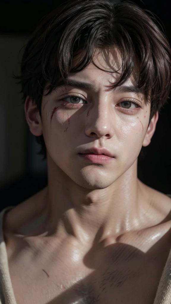 Jungkook's face from bts, In a gloomy room, with blood stains all over and a theme of "the boy is mine" by Ariana grande.