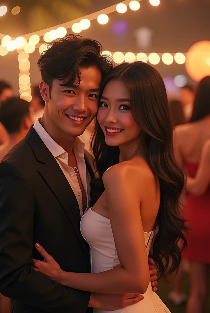 A beautiful asian women, long straight black hair, big breast,  big boobs, big tits,  double eyelids,  beautiful face,  beautiful makeup , realistic detailed, wearing a sexy white dress,  with friends at a party outside, beautiful smile, sexy pose with her boyfriend. Lovers, men and women, boyfriend and girlfriend, selfie 