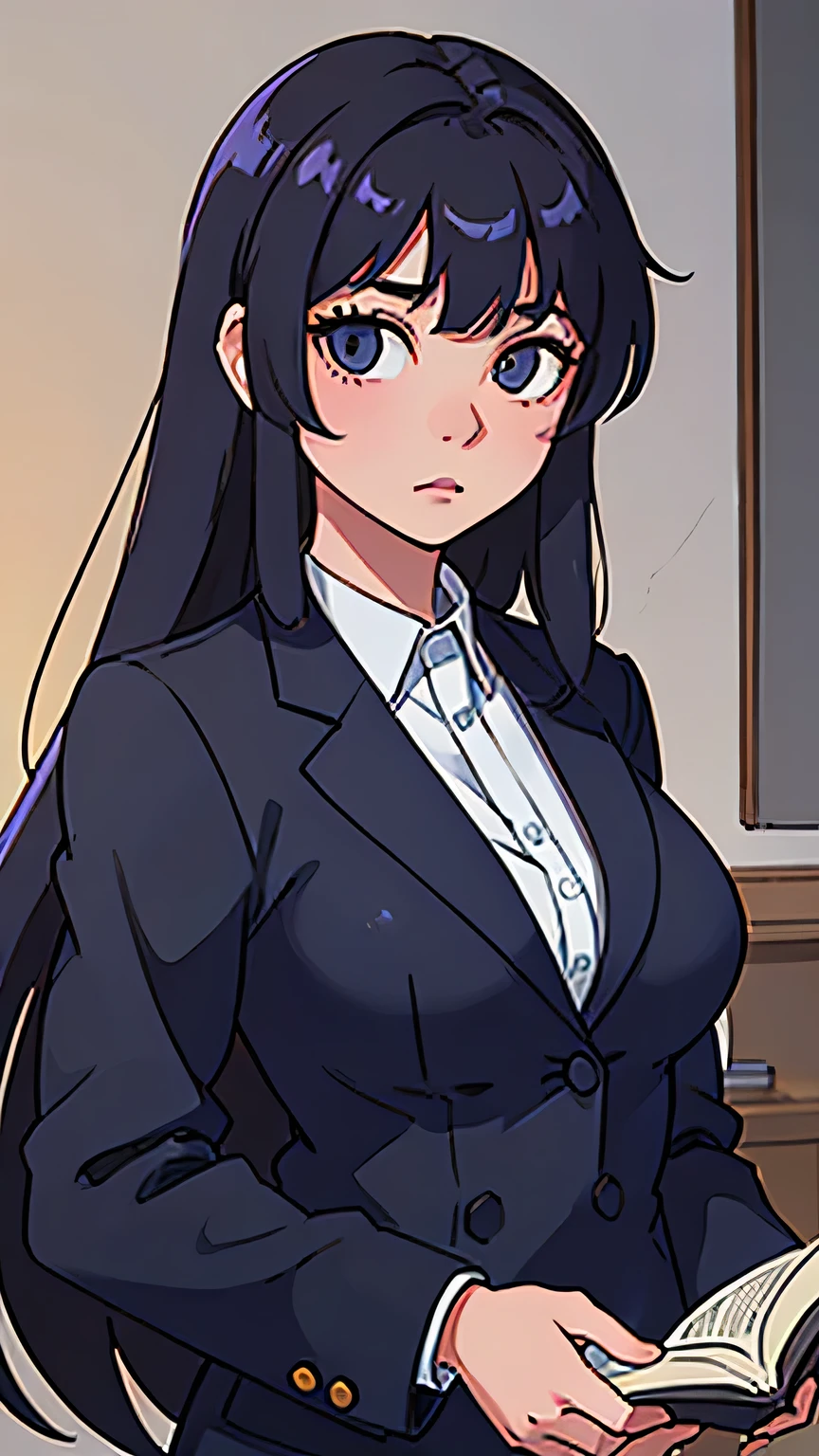 Beautiful girl、Well-formed face、Baby Face、Realistic skin of the highest quality、18-year-old、Serious expression、Black long hair、Navy blue blazer uniform、Beautiful eyes、Big Breasts、Holding a reference book in his hands、Classroom at Dusk、Shiny skin